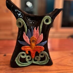 Studio Art Black Vase/sculpture Floral Bold Boho Handmade 3D Funky Fabulous